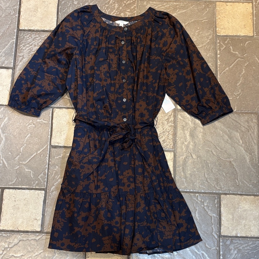 Time and Tru Navy and Brown Floral Print Button-Front Dress